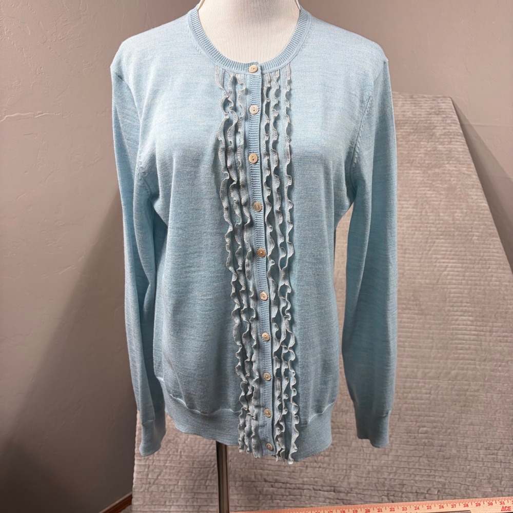 Brooks Brothers Light Blue Extra Fine Italian Merino Wool Ruffle Cardigan Large